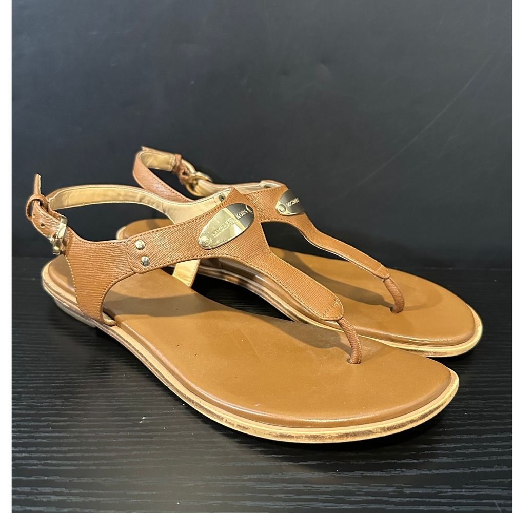 Michael Kors Plate Thong Sandals Luggage Brown Leather Flat 8.5M PV17K